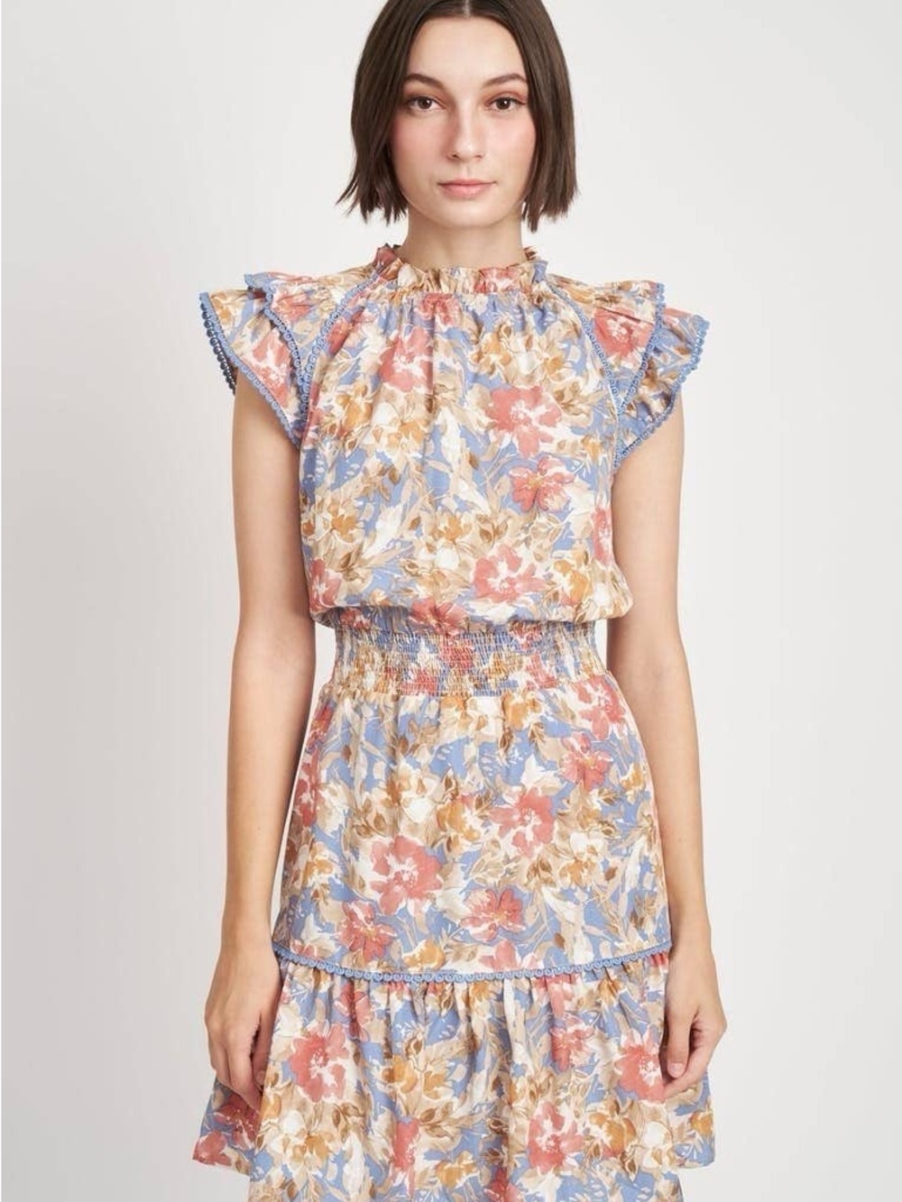 En Saison Floral Ruffle Neck Sleeveless Dress in Cream, Blue & Pink - Picture 4 of 4